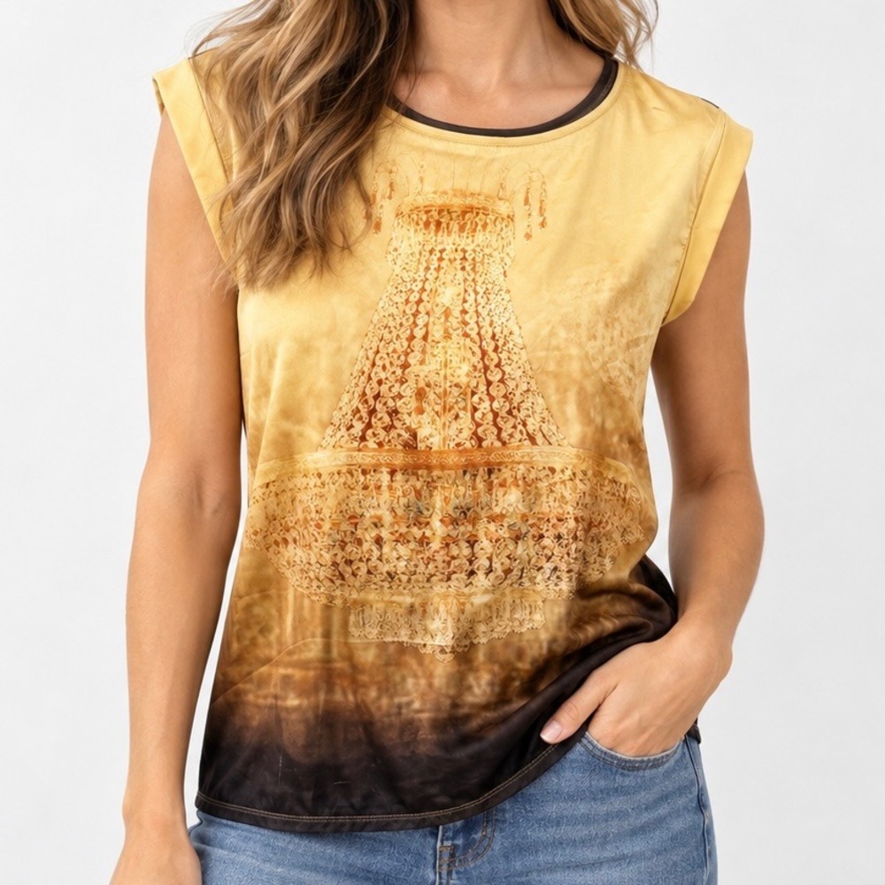 Luisa Cerano Chandelier Graphic Print Ombre Satin Mix Top Gold Brown Medium